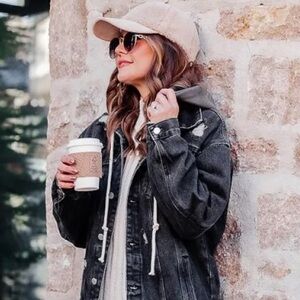 Pink Lily Charcoal Denim Jacket with Hood